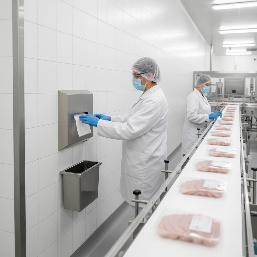 диспенсер для бумажных полотенец на пищевом производстве 